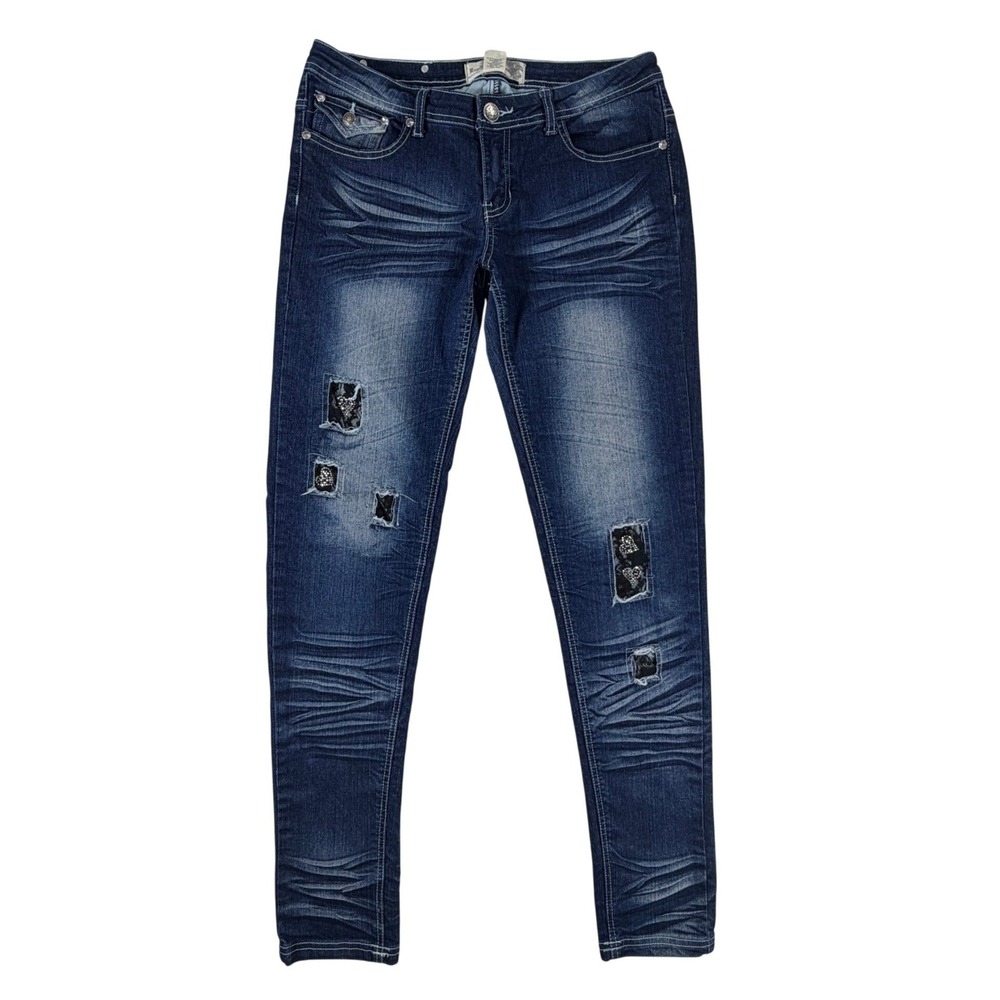 Y2K RawBlue Womens 9/10 Skinny Jeans Rhinestone Lace Distressed Low Rise 31x33